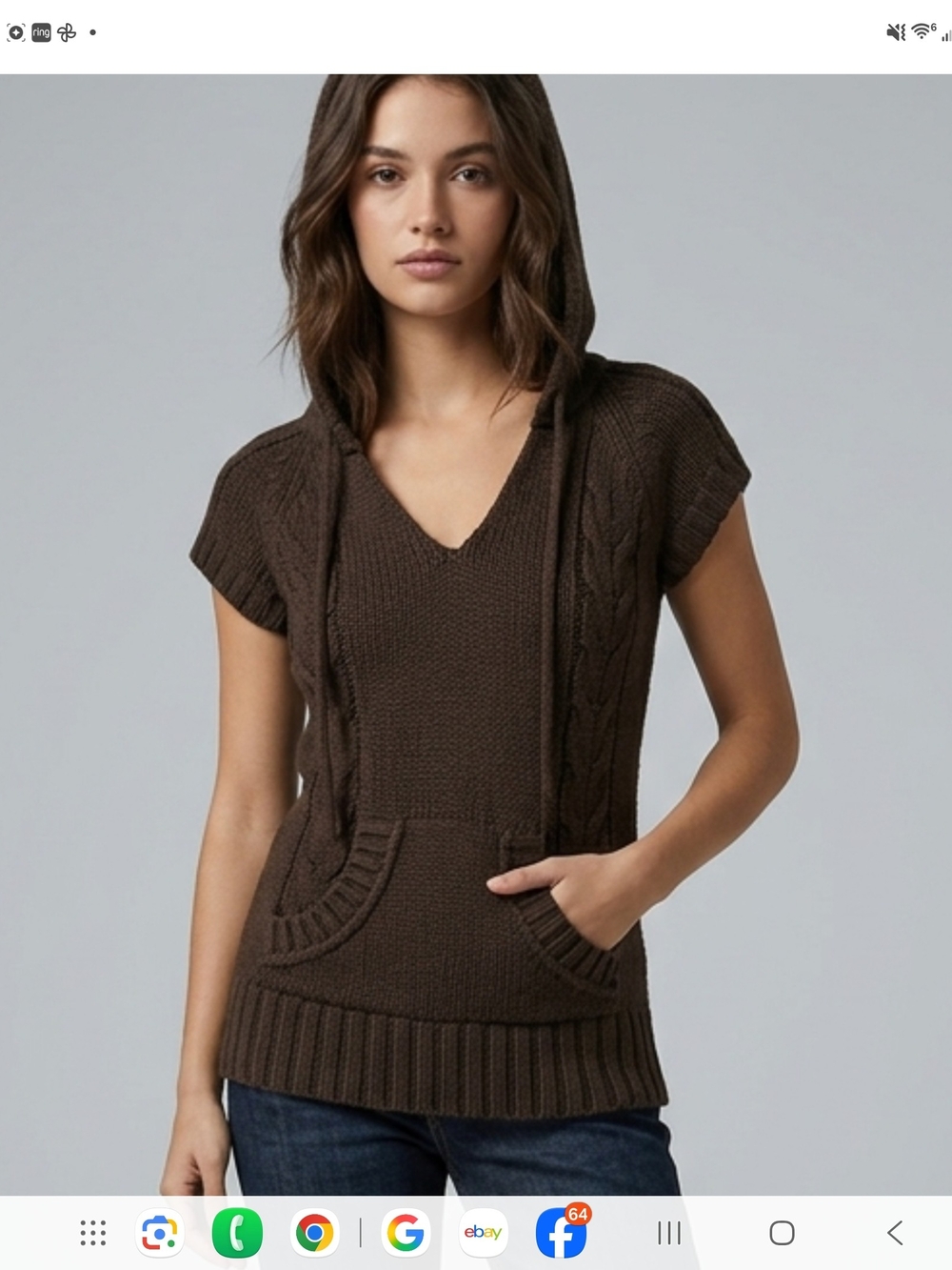 VINTAGE Mossimo Dutti Brown Short-Sleeve V-Neck Hooded Cable Sweater